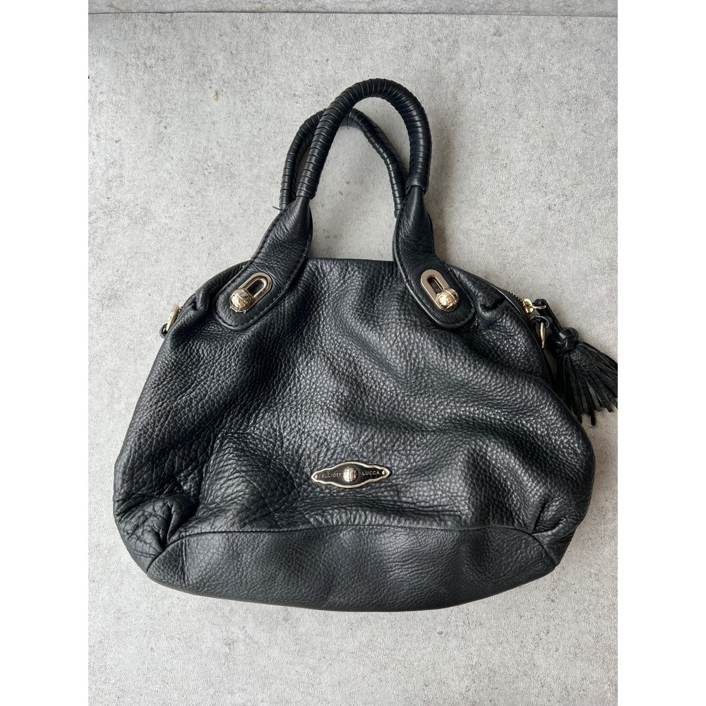 Elliott Lucca Black Pebbled Leather Satchel Handbag Tassel 90's Y2K Quiet Luxury